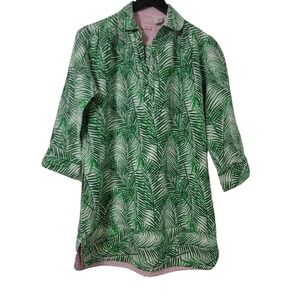 Tizzie‎ Linen Top Small Pink Green Popover Tunic Palm Tropical Resort Pockets